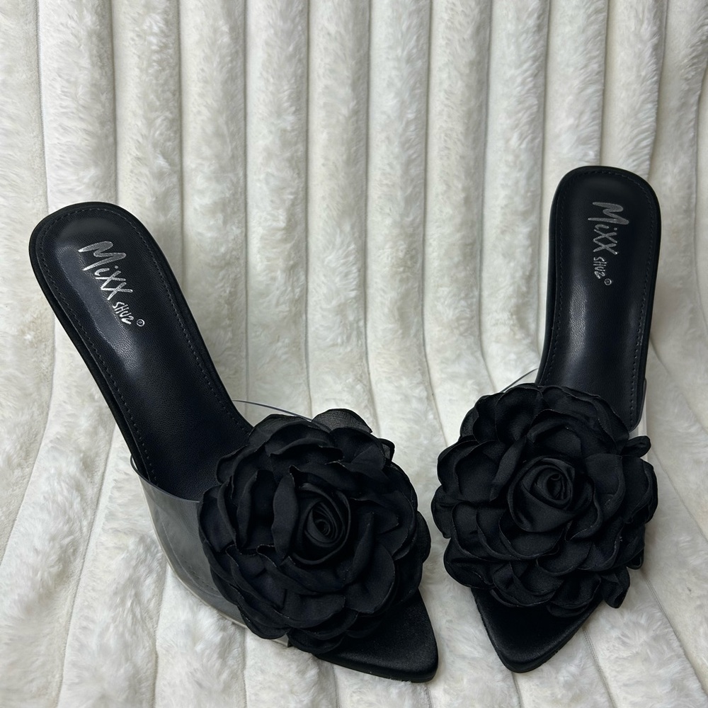 3D Black Satin Floral Women's Shoes